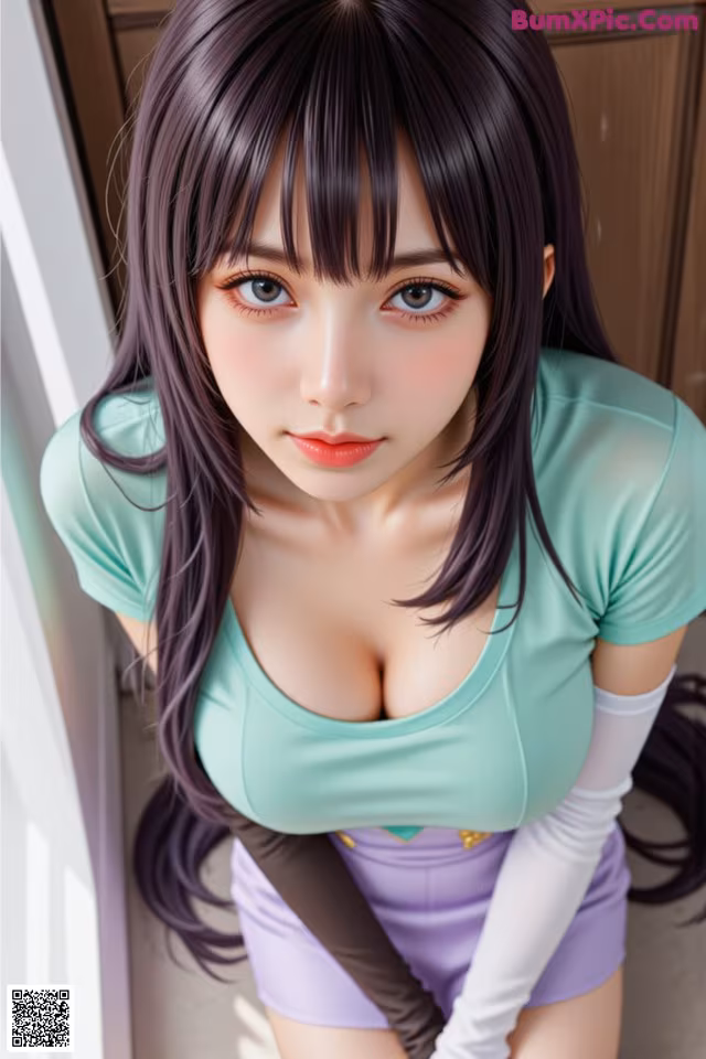 A woman with long black hair wearing a green shirt and purple shorts.