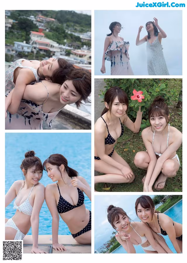 A collage of photos of a woman in a bikini posing by a pool.