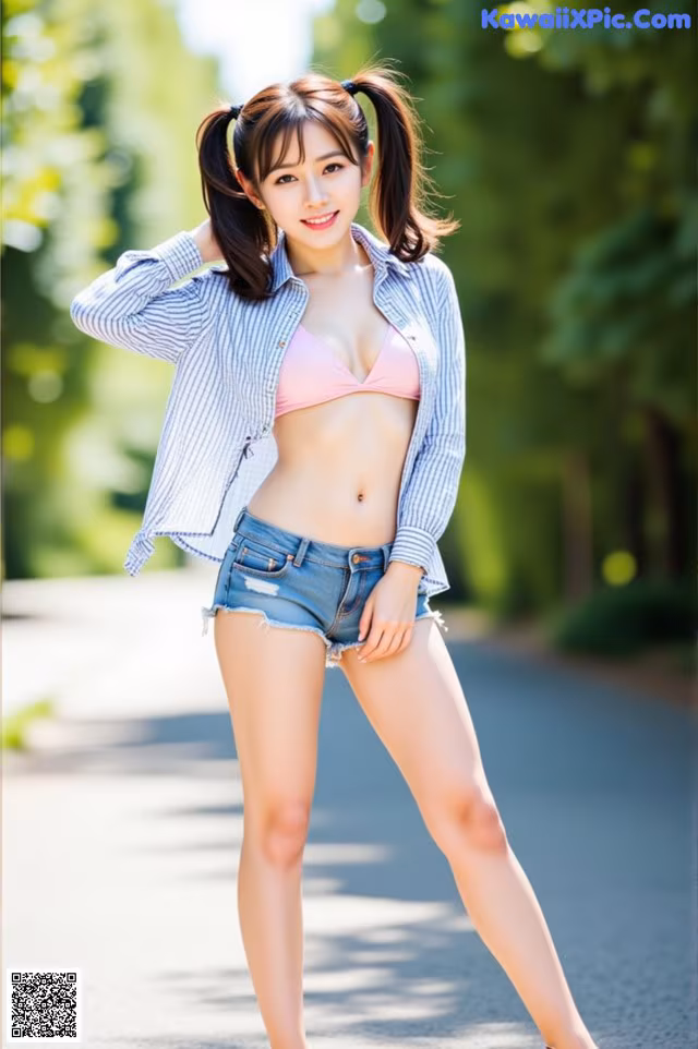 A woman in a pink bikini top and denim shorts posing for a picture.