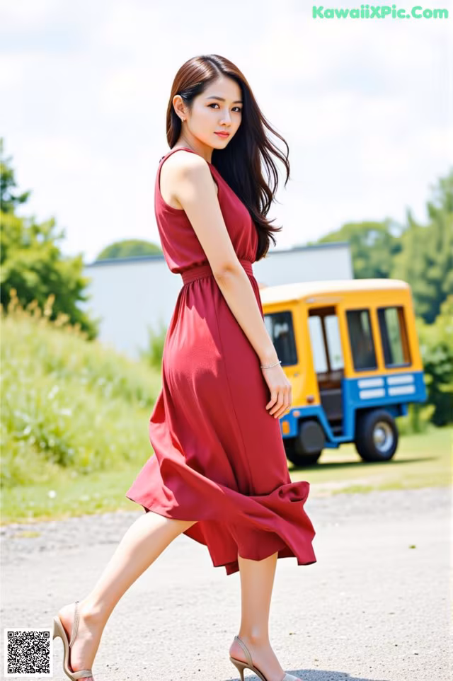 A woman in a red dress is walking down the street.