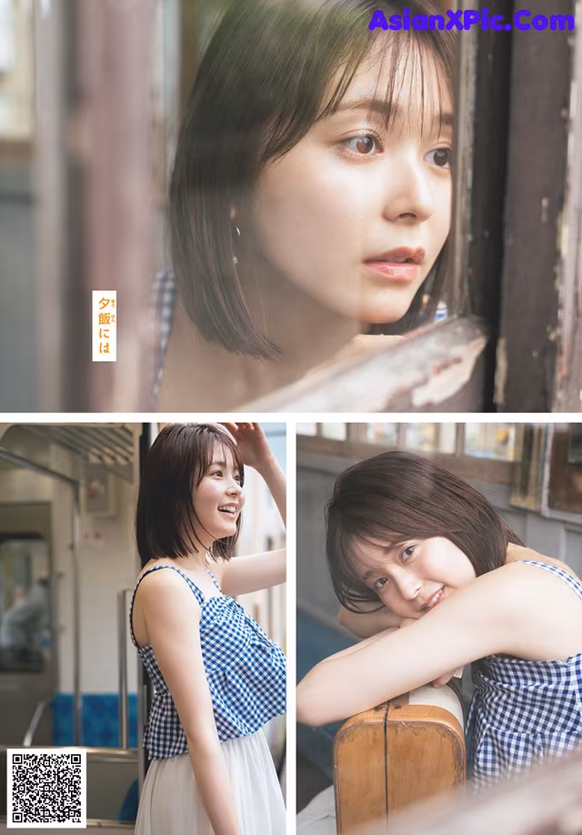 A woman in a blue and white checkered top leaning against a window.
