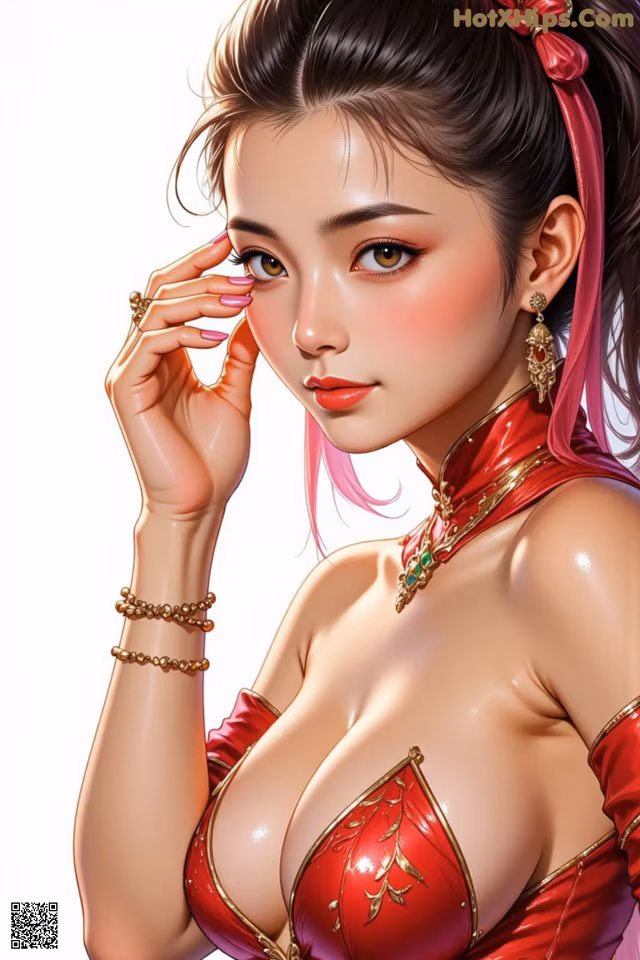 A woman in a red dress with a pink hairband.