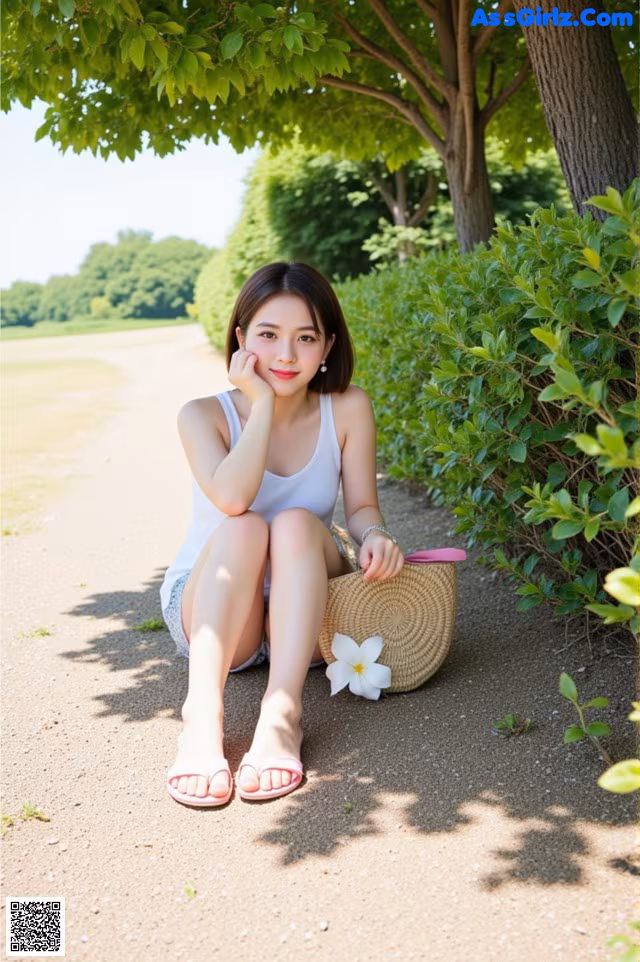 A woman sitting on the ground with a straw bag.