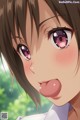 Anime girl with long brown hair sticking out her tongue.