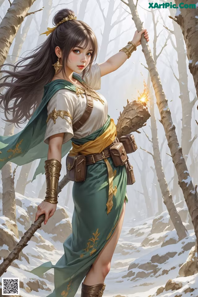A woman in a green dress holding a stick in the snow.