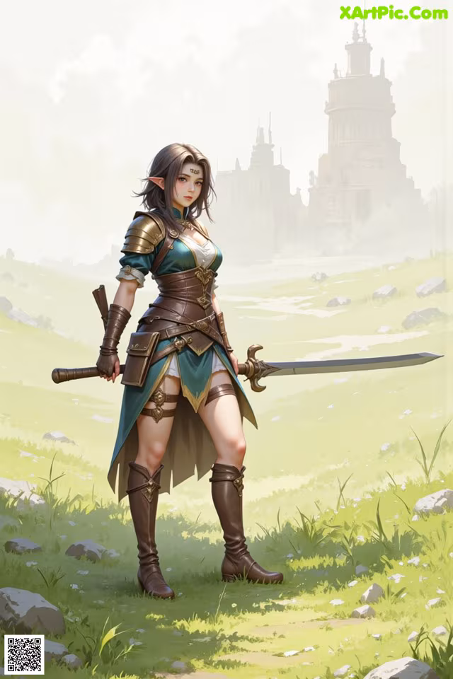 A woman in armor holding a sword in a field.