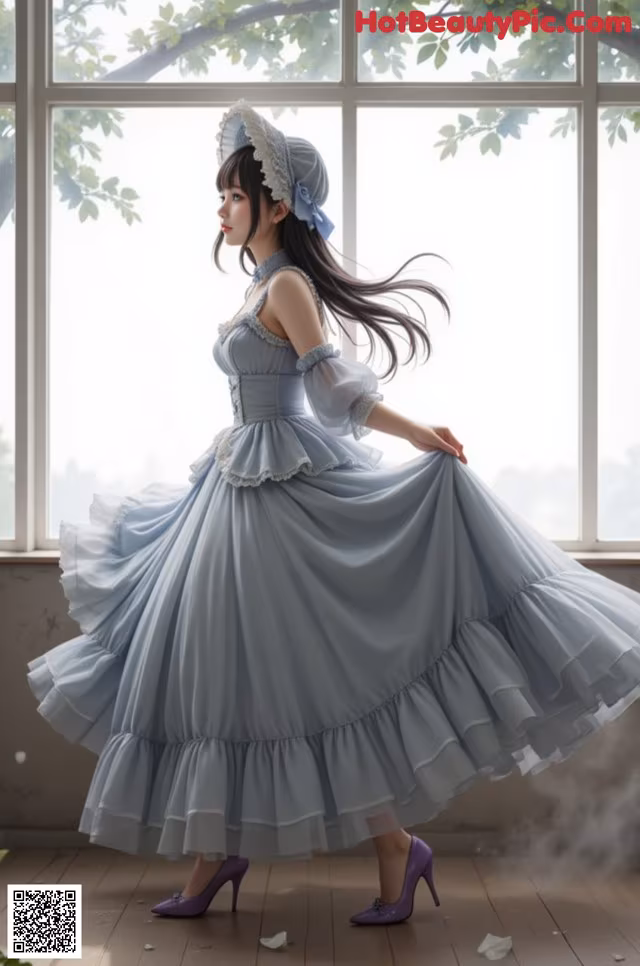 A woman in a blue dress standing in front of a window.