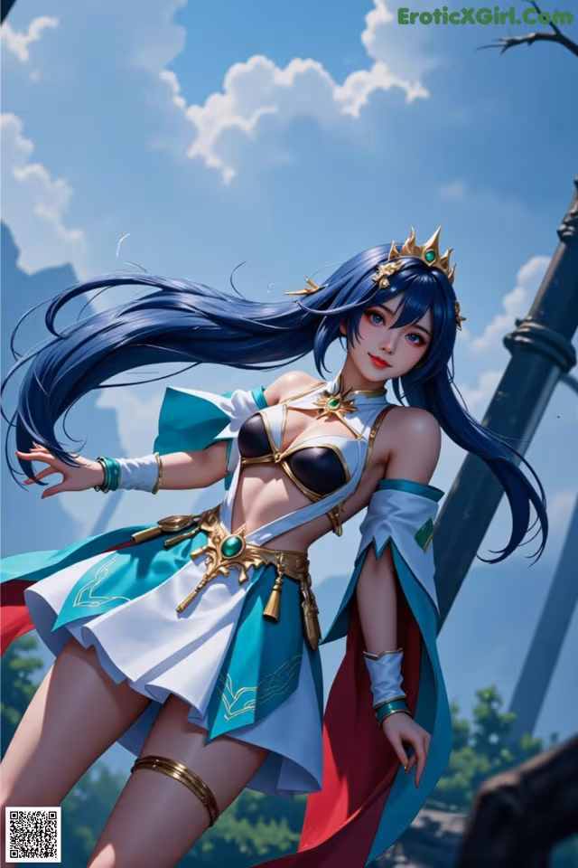 A woman in a blue and white outfit with a crown on her head.