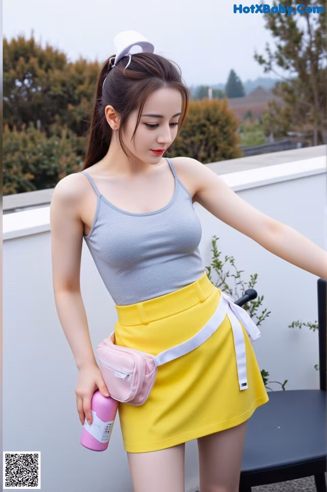 a woman in a gray tank top and yellow skirt