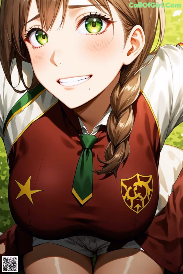 A girl in a school uniform with green eyes.