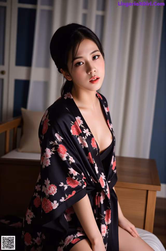 A woman in a black and red floral robe sitting on a bed.