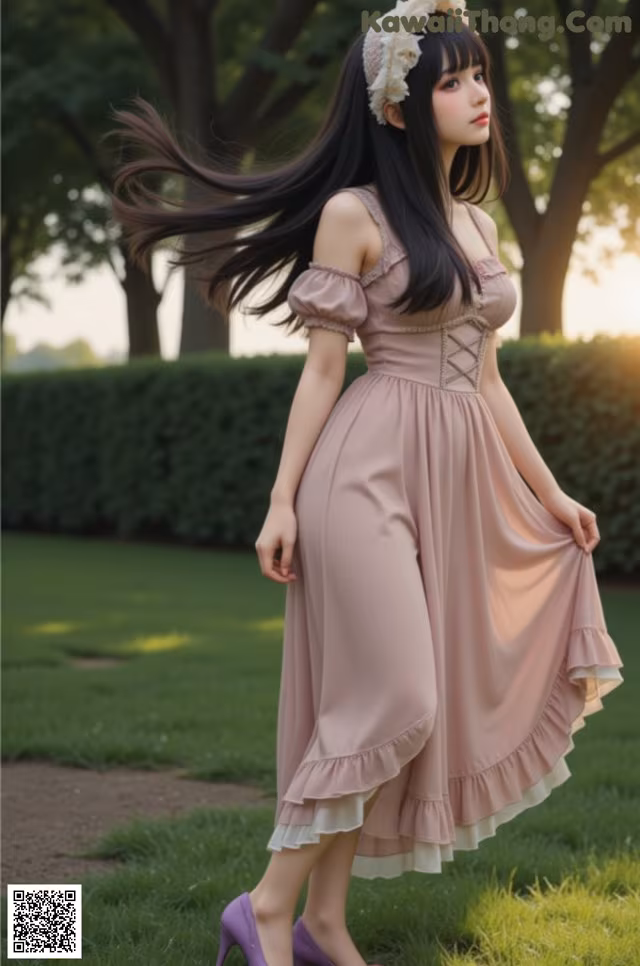A woman in a pink dress is standing in the grass.