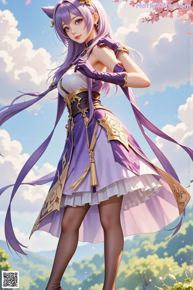 A woman in a purple dress standing in front of a tree.