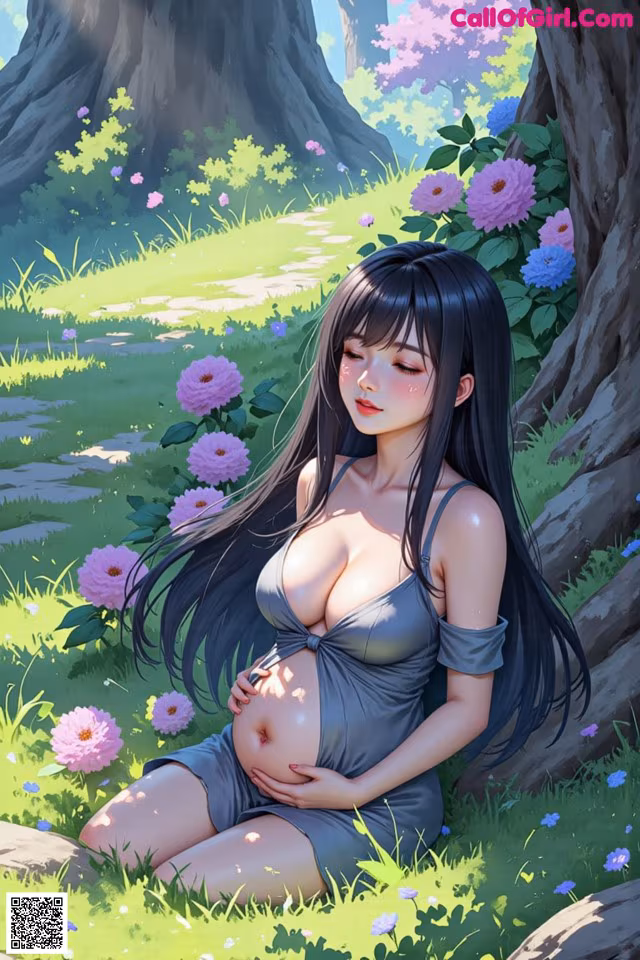 A pregnant woman sitting under a tree in a field of flowers.