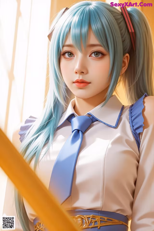 A girl with blue hair wearing a white shirt and blue tie.