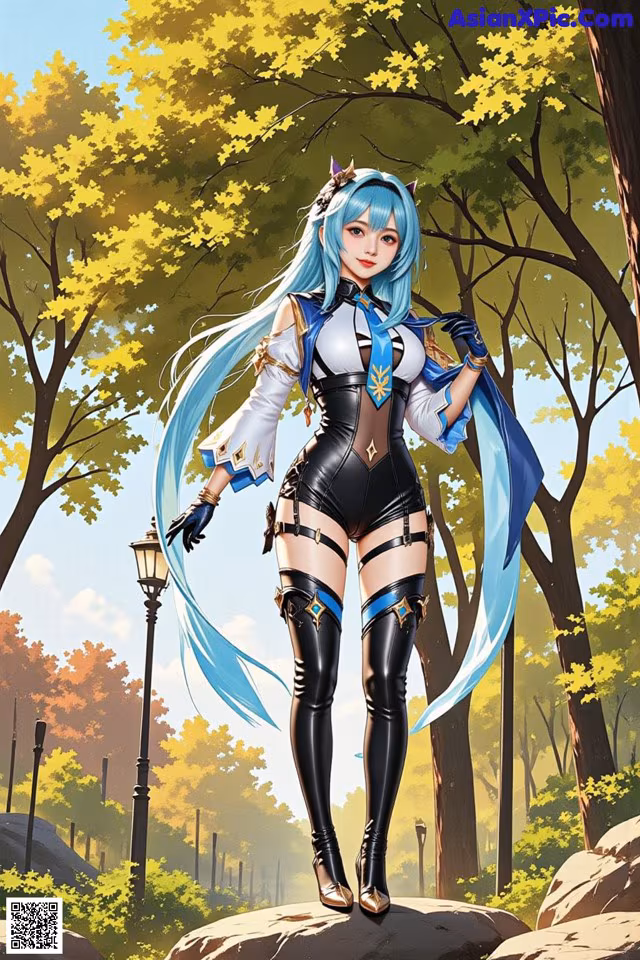 A woman with long blue hair standing on a rock in a park.