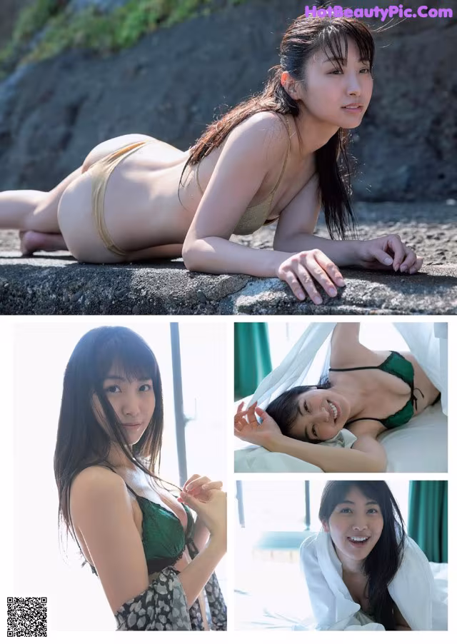 A woman in a bikini laying on a rock.
