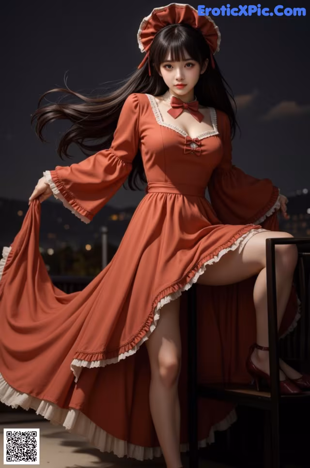 A woman in a red dress sitting on a chair.